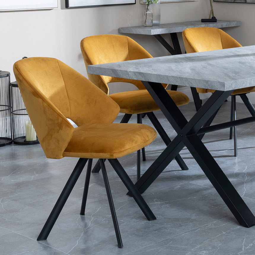Barking Grey Concrete Dining Set with Cross Legs - Burano Dark Grey Velvet Fabric Swivel Dining Chair