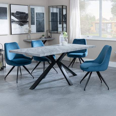 Barking Grey Concrete Effect Dining Set with Spider Legs - Diana Velvet Fabric Swivel Dining Chair