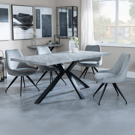Barking Grey Concrete Effect Dining Set with Spider Legs - Diana Velvet Fabric Swivel Dining Chair