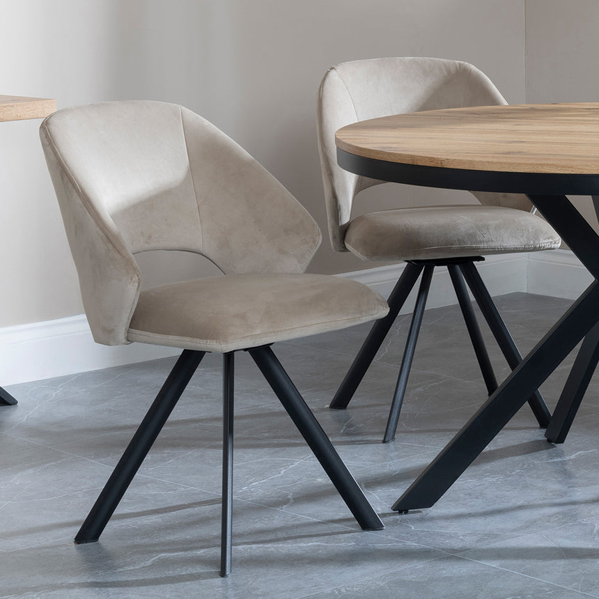 Barking Oak 4 Seater Round Dining Set with Black Spider Legs - 4 Burano Dark Grey Velvet Fabric Swivel Dining Chair