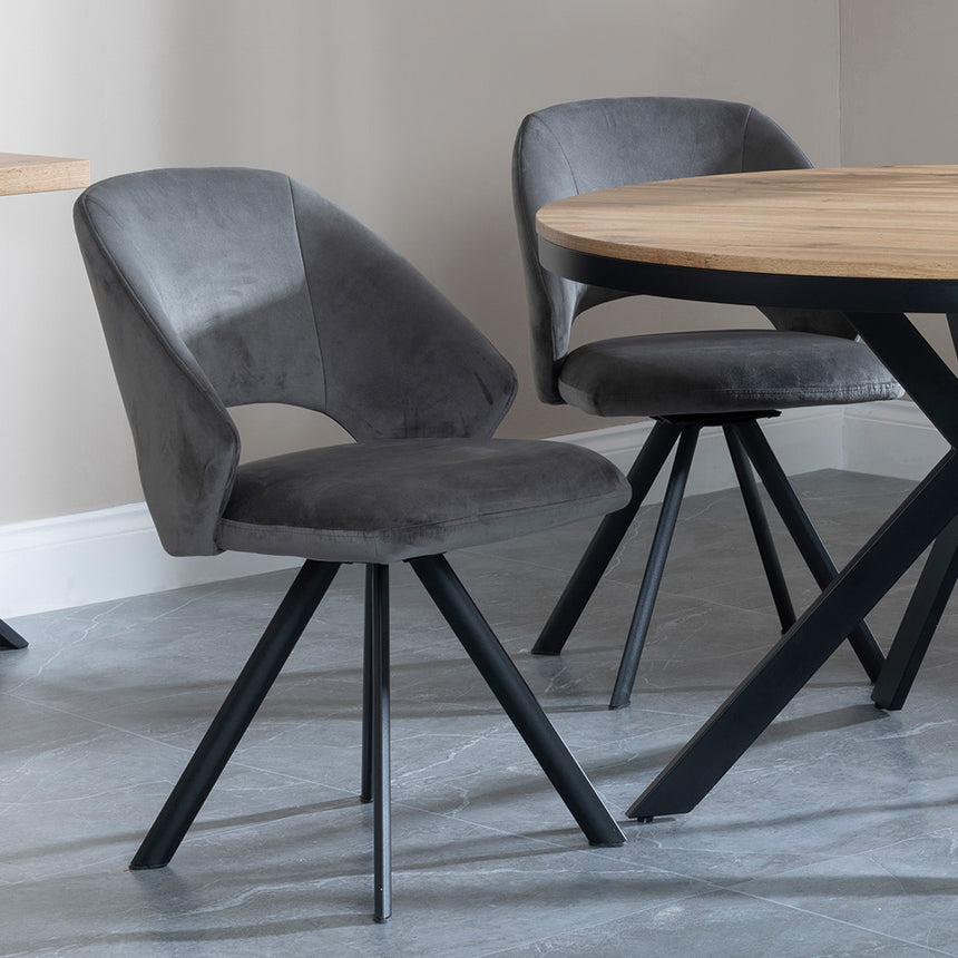 Barking Oak 4 Seater Round Dining Set with Black Spider Legs - 4 Burano Dark Grey Velvet Fabric Swivel Dining Chair