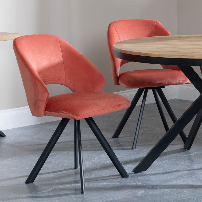 Barking Oak 4 Seater Round Dining Set with Black Spider Legs - 4 Burano Dark Grey Velvet Fabric Swivel Dining Chair