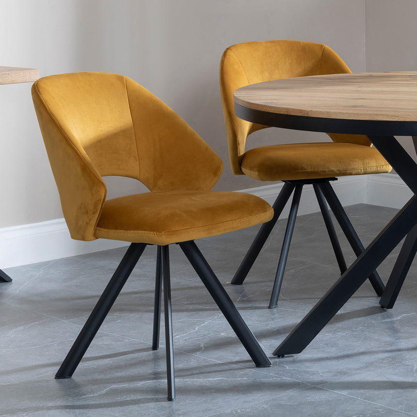 Barking Oak 4 Seater Round Dining Set with Black Spider Legs - 4 Burano Dark Grey Velvet Fabric Swivel Dining Chair