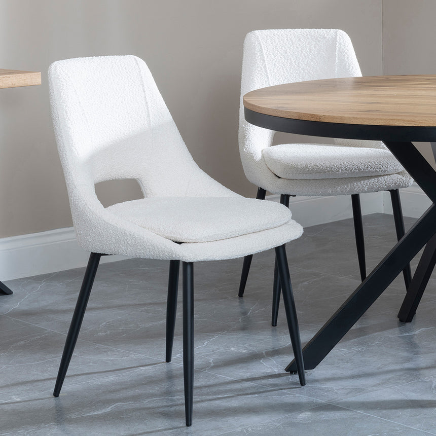 Barking Oak 4 Seater Round Dining Set with Black Spider Legs - 4 Stansbury Grey Fabric Dining Chair