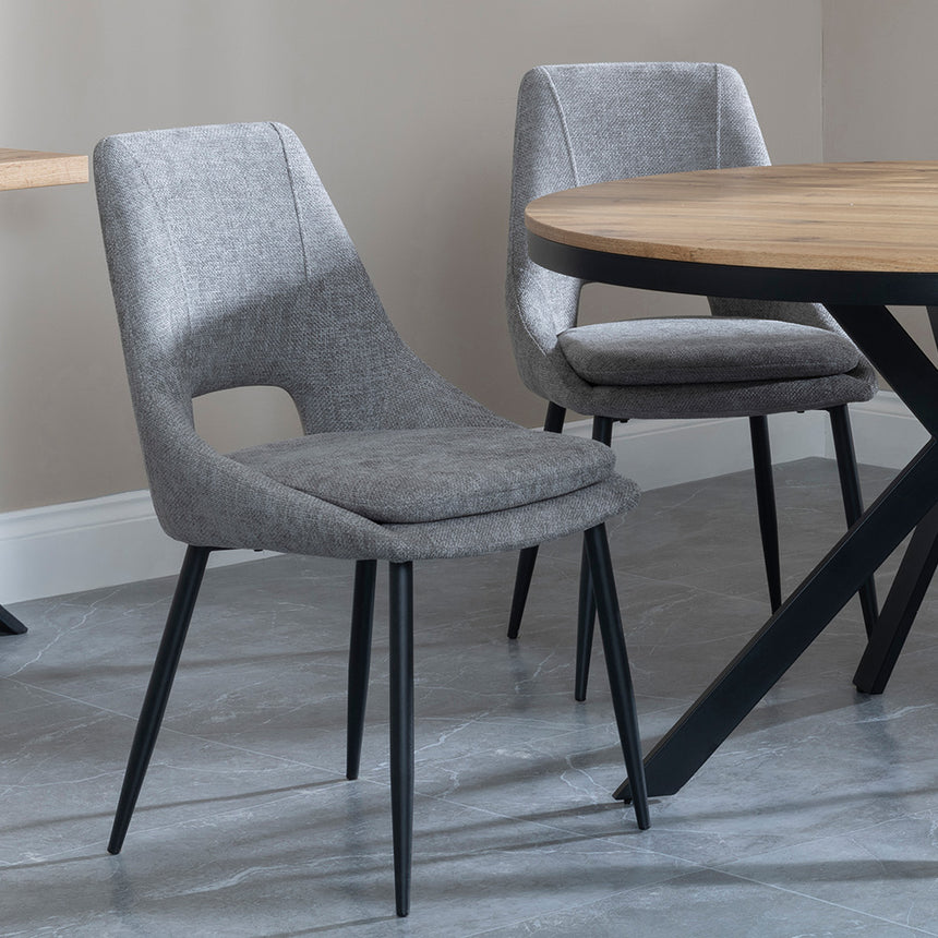 Barking Oak 4 Seater Round Dining Set with Black Spider Legs - 4 Stansbury Grey Fabric Dining Chair