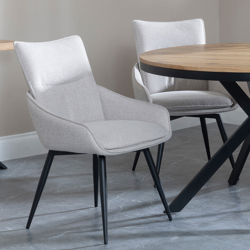 Barking Oak 4 Seater Round Dining Set with Black Spider Legs - 4 Torres Beige Fabric Swivel Dining Chair