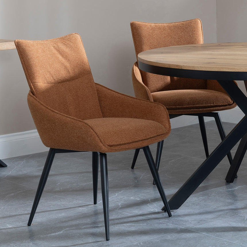 Barking Oak 4 Seater Round Dining Set with Black Spider Legs - 4 Torres Beige Fabric Swivel Dining Chair