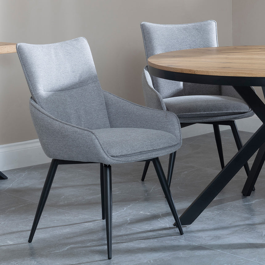 Barking Oak 4 Seater Round Dining Set with Black Spider Legs - 4 Torres Beige Fabric Swivel Dining Chair