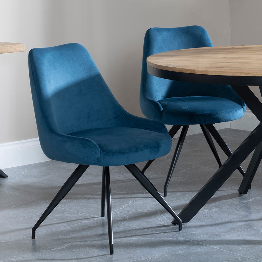Barking Oak 4 Seater Round Dining Set with Black Spider Legs - 4 Diana Grey Velvet Fabric Swivel Dining Chair