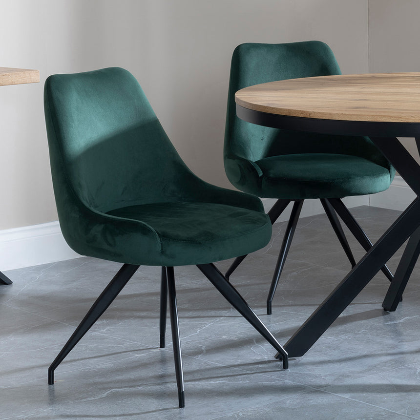 Barking Oak 4 Seater Round Dining Set with Black Spider Legs - 4 Diana Grey Velvet Fabric Swivel Dining Chair