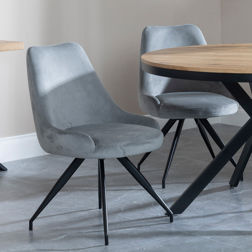 Barking Oak 4 Seater Round Dining Set with Black Spider Legs - 4 Diana Grey Velvet Fabric Swivel Dining Chair