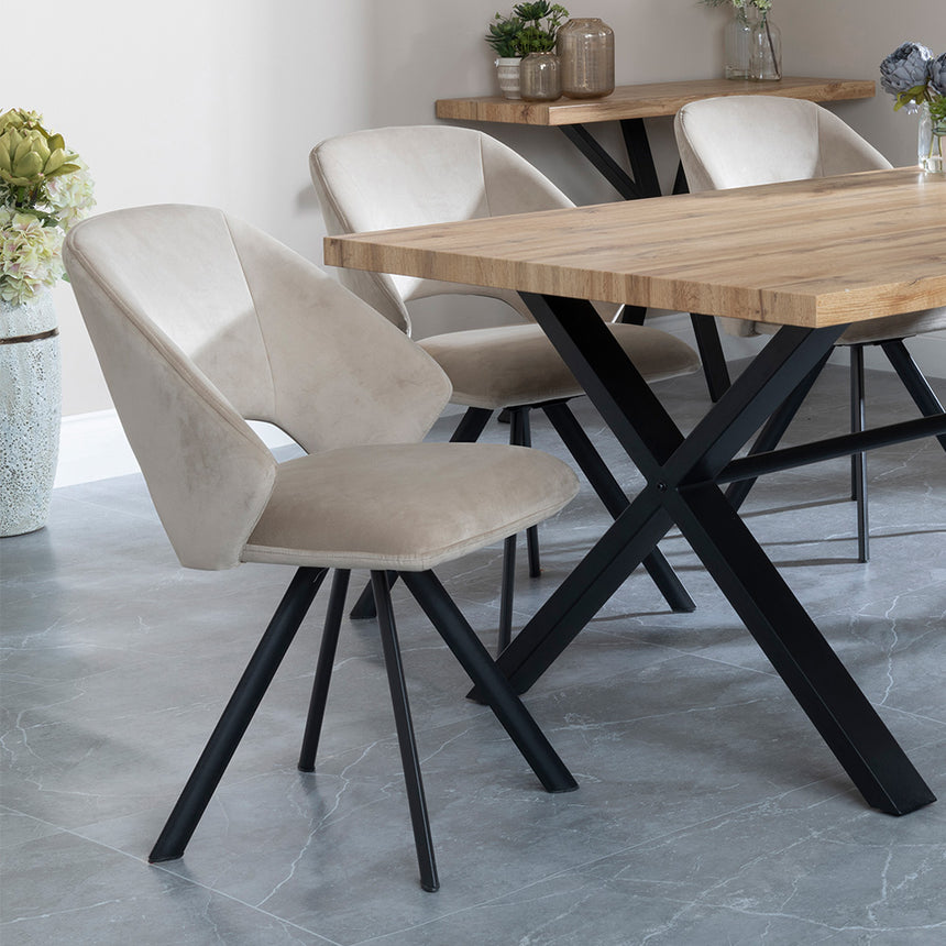 Barking Oak Dining Set with Black Cross Legs - Burano Cream Boucle Teddy Fabric Swivel Dining Chair