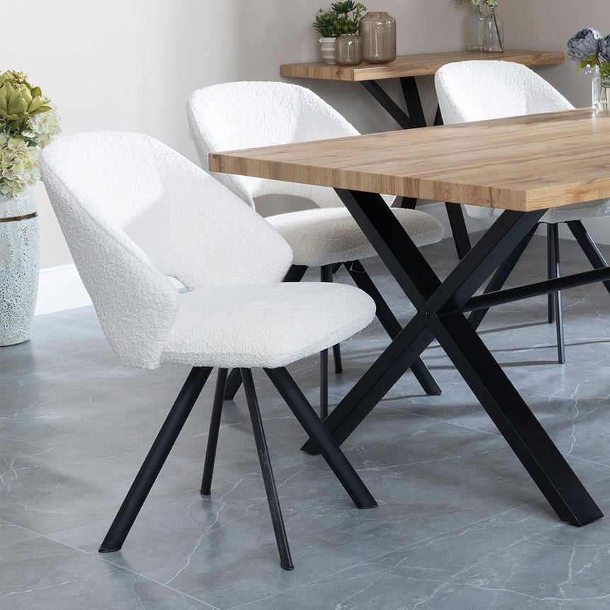 Barking Oak Dining Set with Black Cross Legs - Burano Cream Boucle Teddy Fabric Swivel Dining Chair
