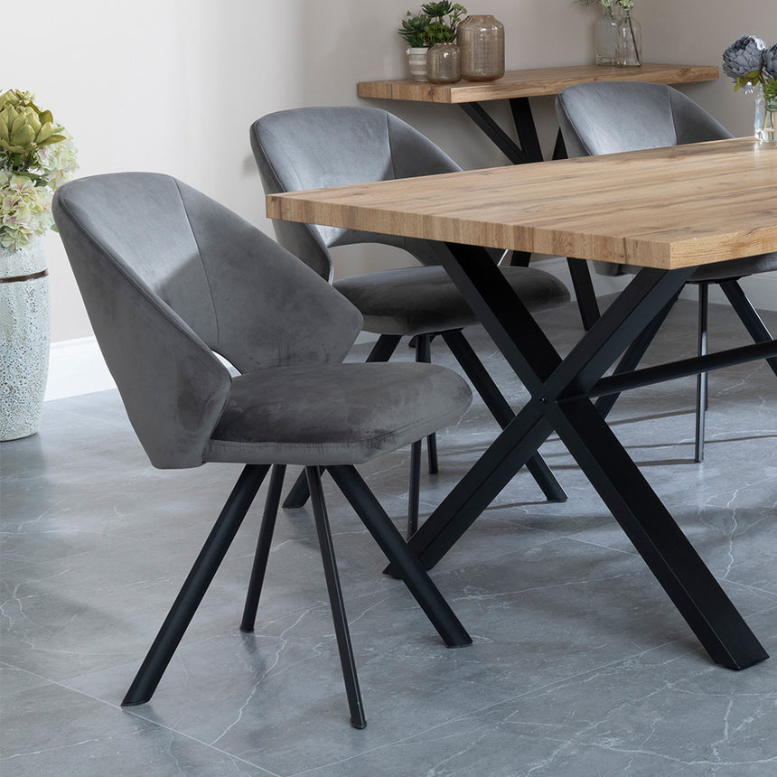 Barking Oak Dining Set with Black Cross Legs - Burano Cream Boucle Teddy Fabric Swivel Dining Chair