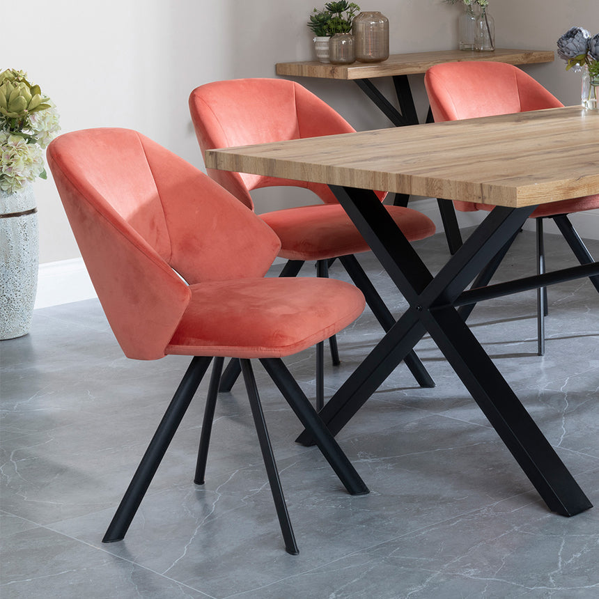 Barking Oak Dining Set with Black Cross Legs - Burano Cream Boucle Teddy Fabric Swivel Dining Chair