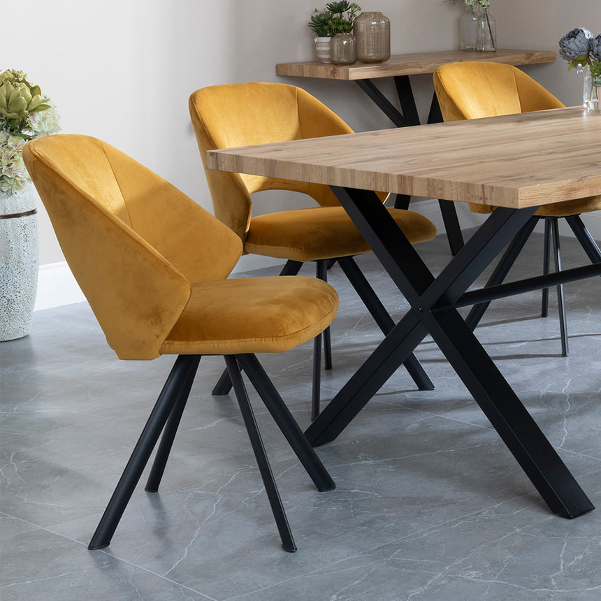 Barking Oak Dining Set with Black Cross Legs - Burano Cream Boucle Teddy Fabric Swivel Dining Chair