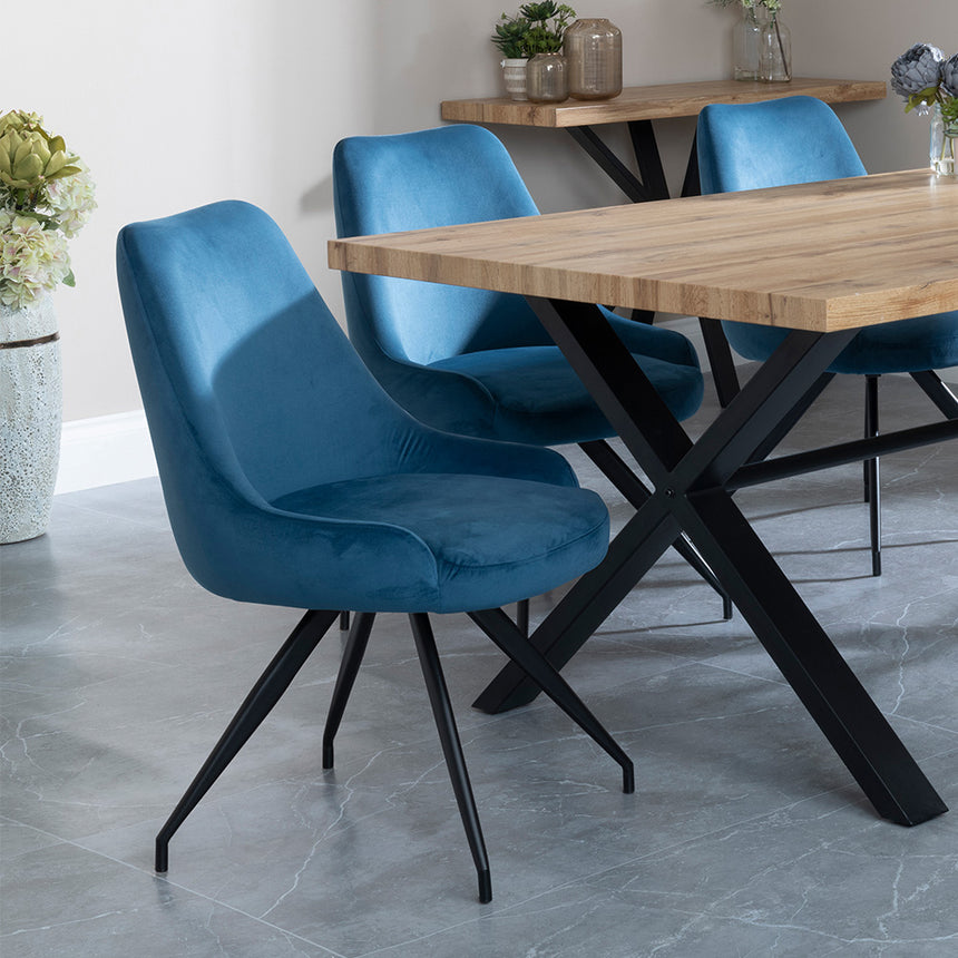 Barking Oak Dining Set with Black Cross Legs - Diana Cream Velvet Fabric Swivel Dining Chair