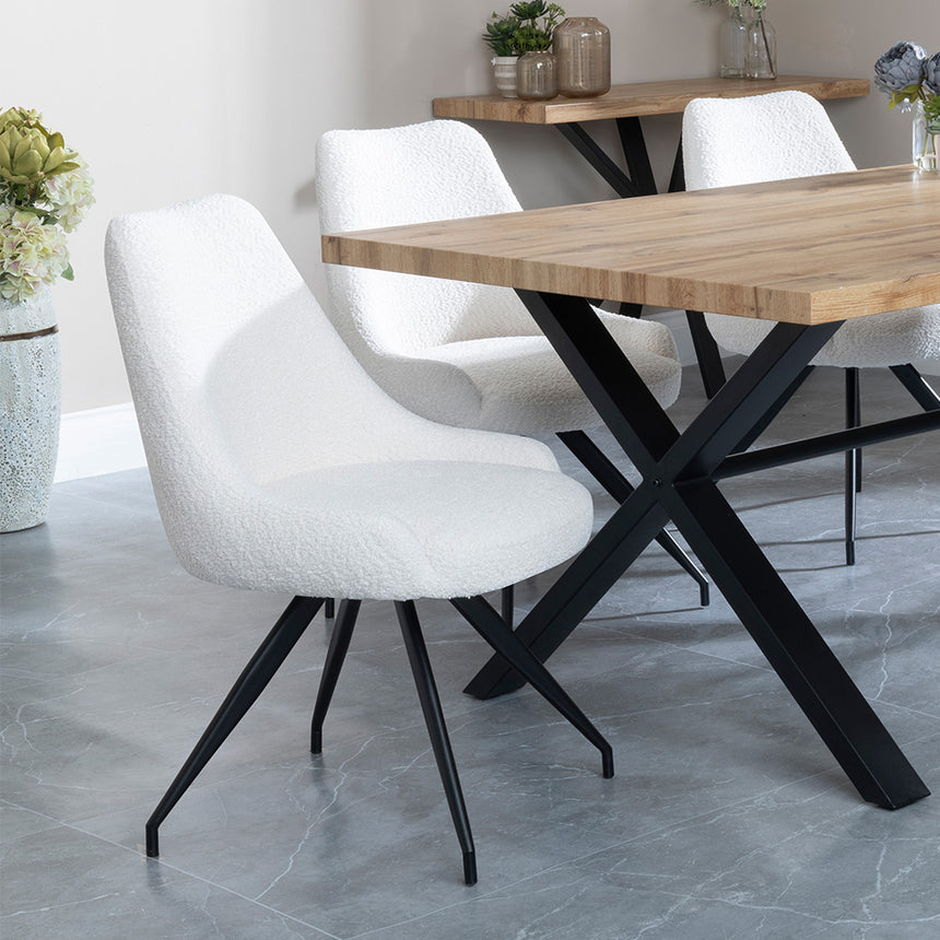 Barking Oak Dining Set with Black Cross Legs - Diana Cream Velvet Fabric Swivel Dining Chair