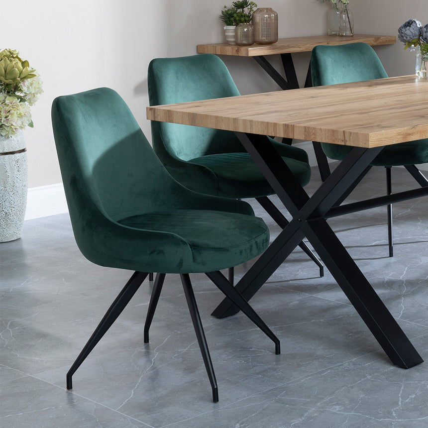Barking Oak Dining Set with Black Cross Legs - Diana Cream Velvet Fabric Swivel Dining Chair