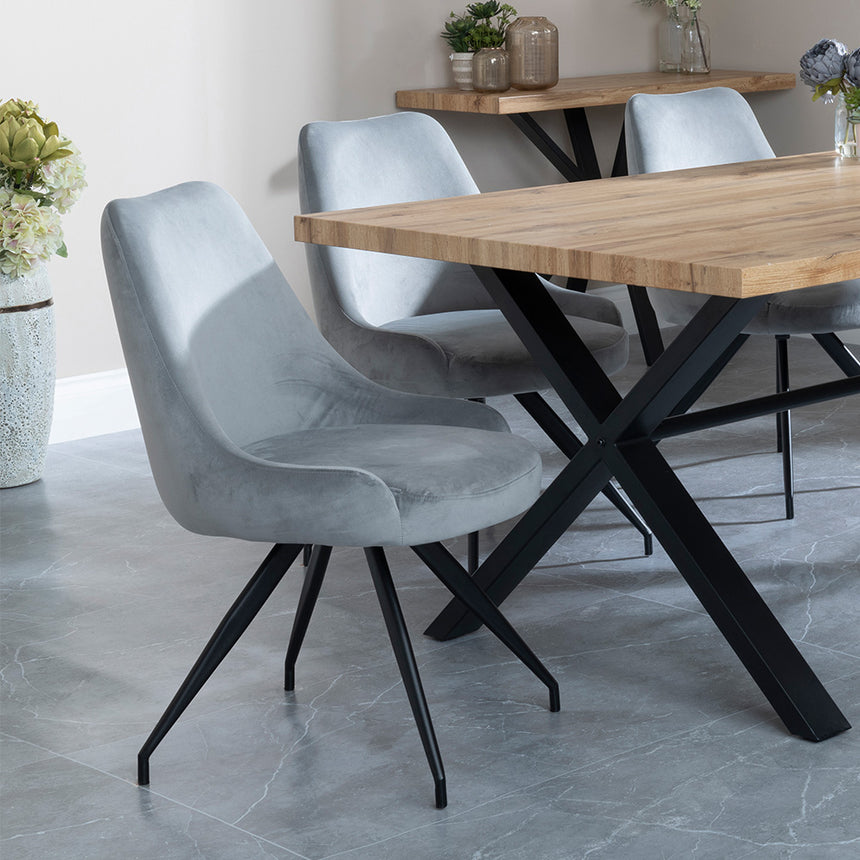 Barking Oak Dining Set with Black Cross Legs - Diana Cream Velvet Fabric Swivel Dining Chair