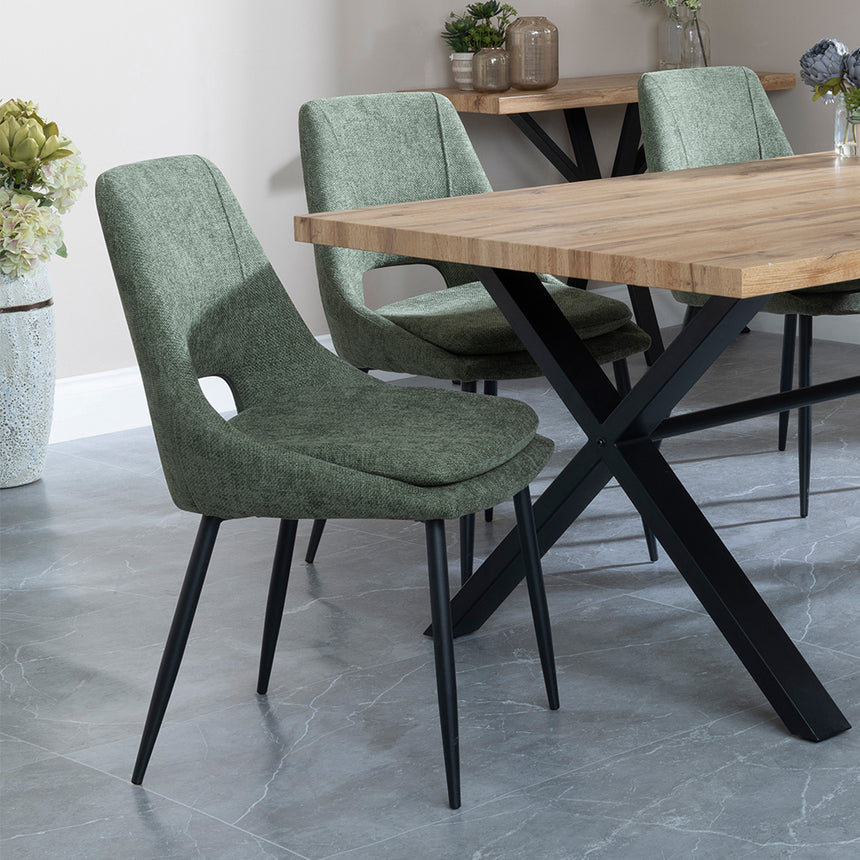 Barking Oak Dining Set with Black Cross Legs - Stansbury Green Fabric Dining Chair