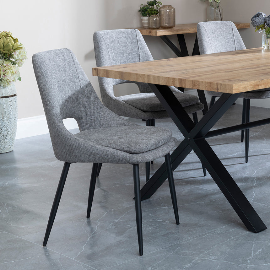 Barking Oak Dining Set with Black Cross Legs - Stansbury Grey Fabric Dining Chair