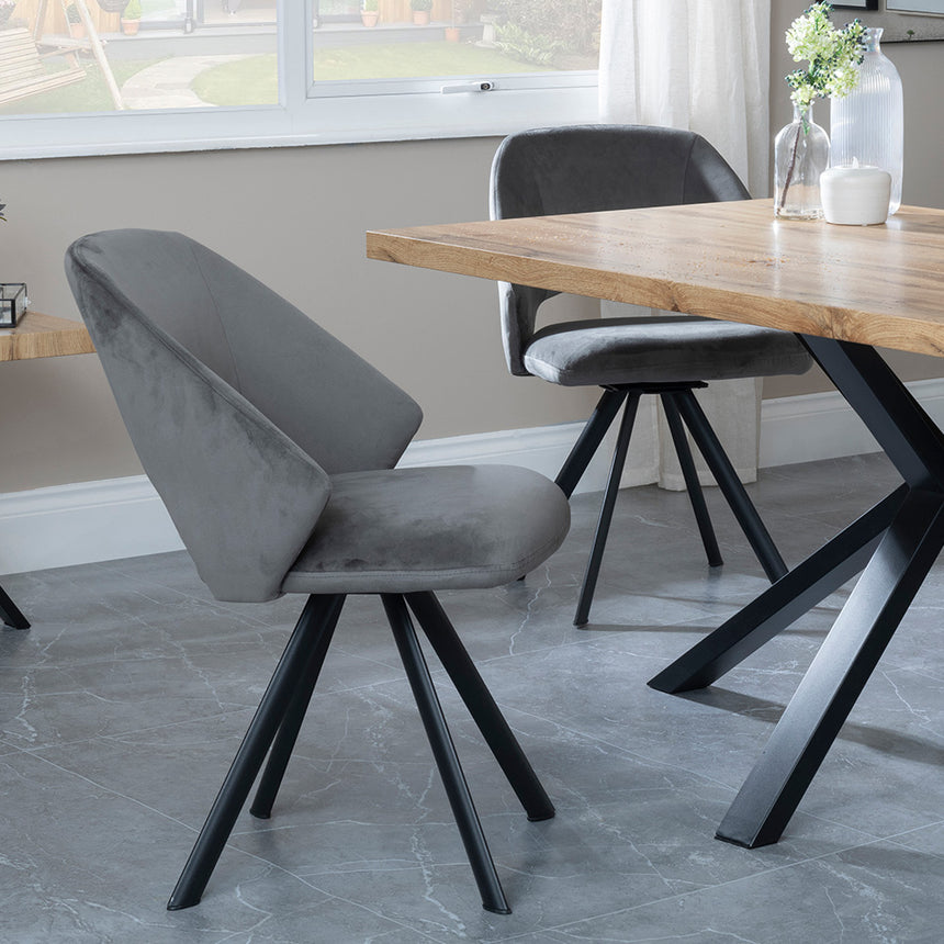 Barking Oak Dining Set with Black Spider Legs - Burano Mustard Velvet Fabric Swivel Dining Chair