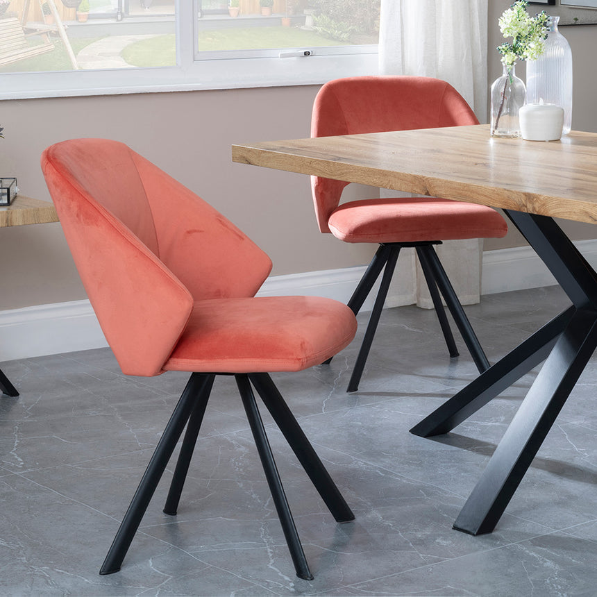 Barking Oak Dining Set with Black Spider Legs - Burano Orange Velvet Fabric Swivel Dining Chair