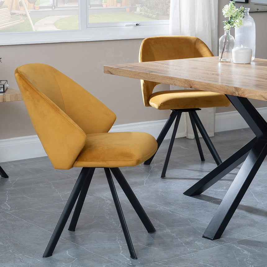 Barking Oak Dining Set with Black Spider Legs - Burano Orange Velvet Fabric Swivel Dining Chair