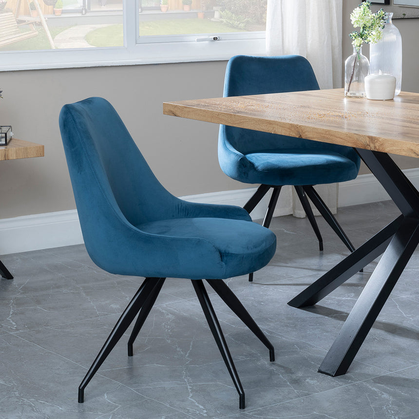 Barking Oak Dining Set with Black Spider Legs - Diana Grey Velvet Fabric Swivel Dining Chair