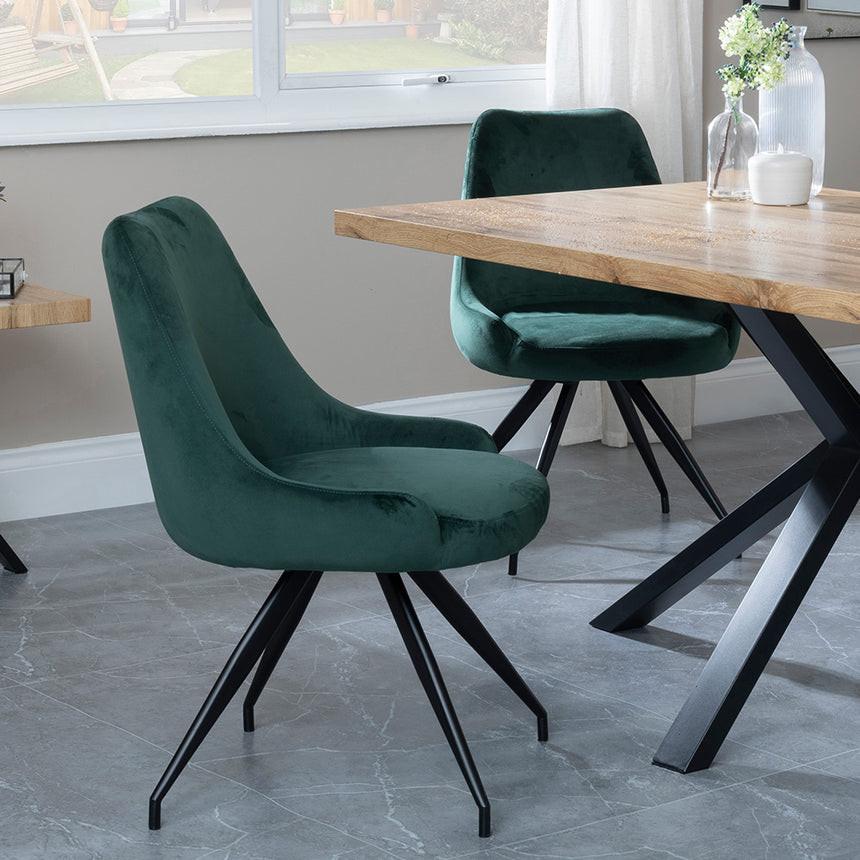 Barking Oak Dining Set with Black Spider Legs - Diana Grey Velvet Fabric Swivel Dining Chair