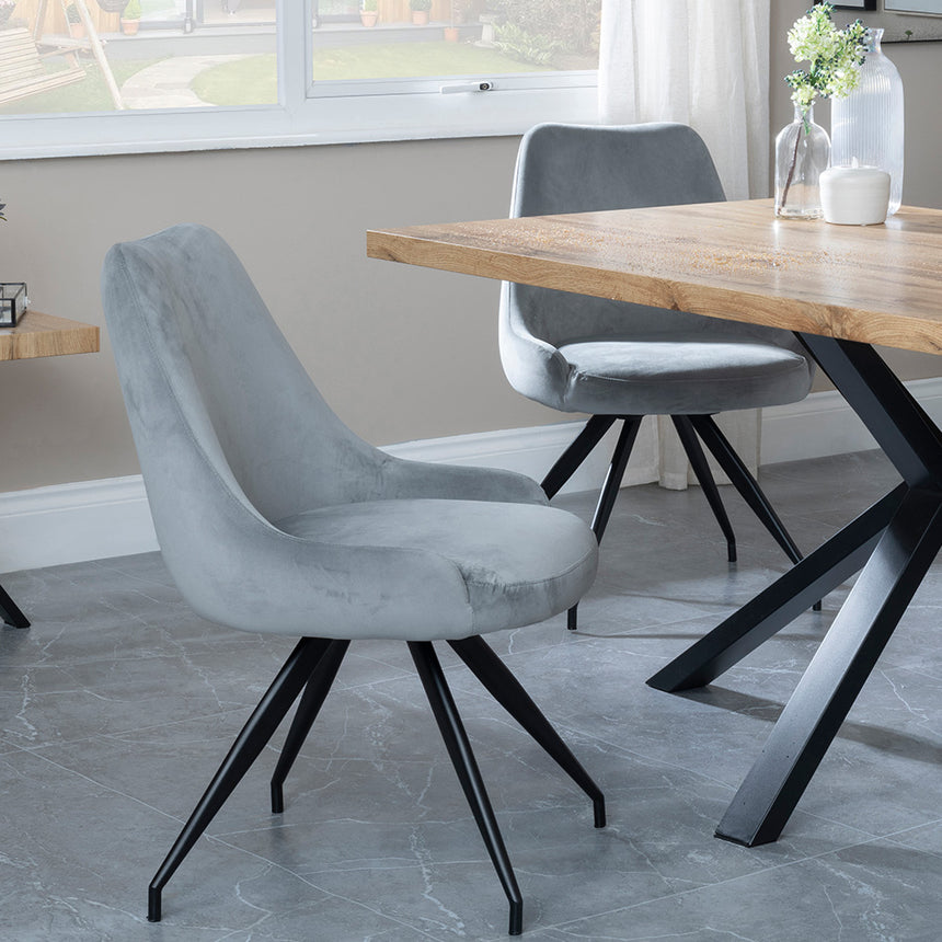 Barking Oak Dining Set with Black Spider Legs - Diana Green Velvet Fabric Swivel Dining Chair