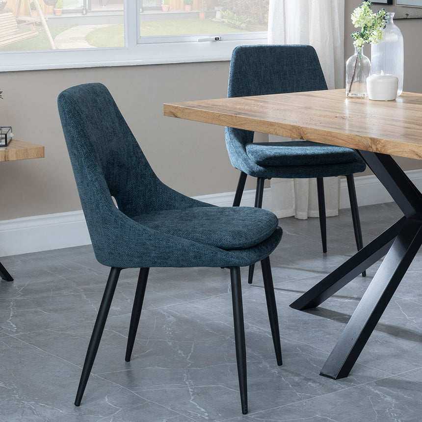Barking Oak Dining Set with Black Spider Legs - Stansbury Blue Fabric Dining Chair