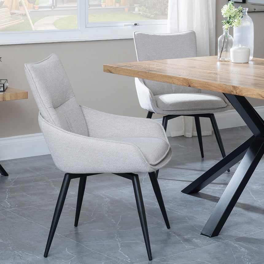 Barking Oak Dining Set with Black Spider Legs - Torres Fabric Swivel Dining Chair