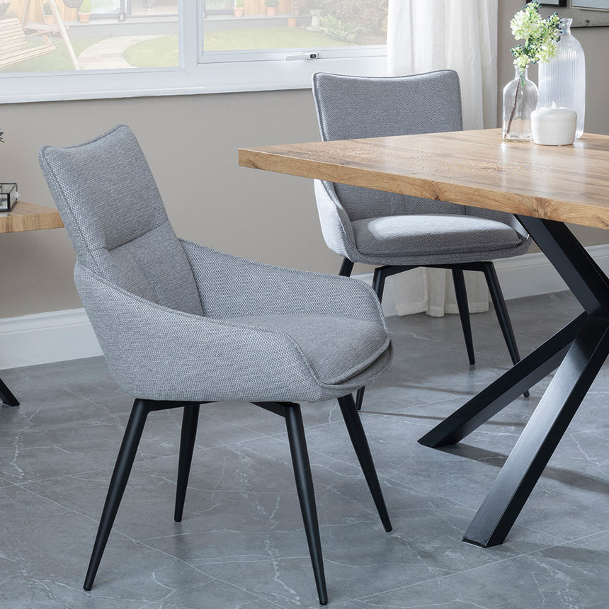 Barking Oak Dining Set with Black Spider Legs - Torres Fabric Swivel Dining Chair
