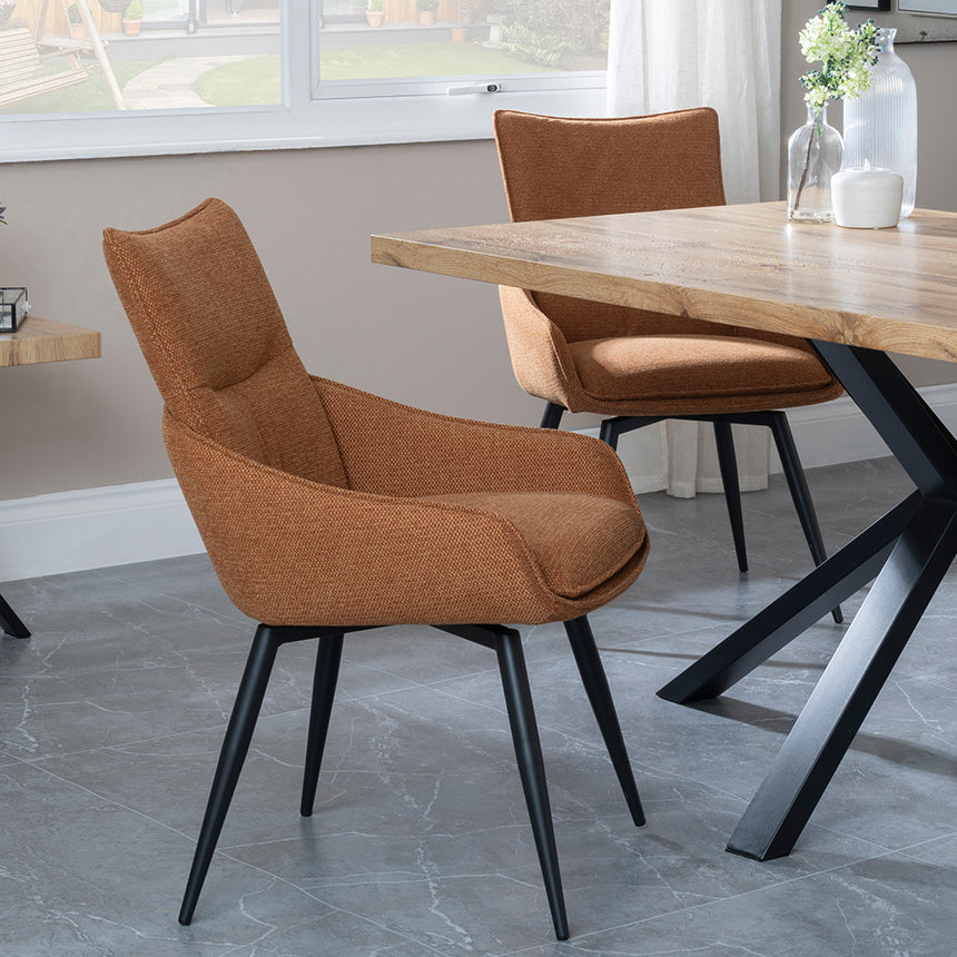 Barking Oak Dining Set with Black Spider Legs - Torres Fabric Swivel Dining Chair