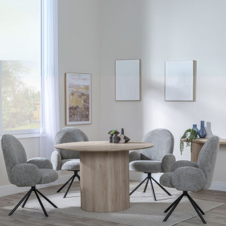 Emilia Fluted Oak Effect 4 Seater Round Dining Set - 4 Altavista Grey Fabric Swivel Dining Chair