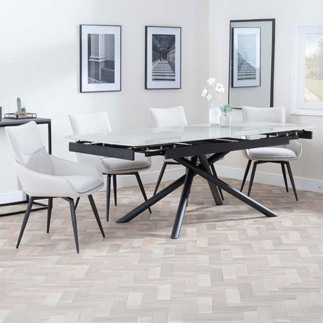 Beverly Grey Ceramic Extending Dining Set - Torres Fabric Swivel Dining Chair