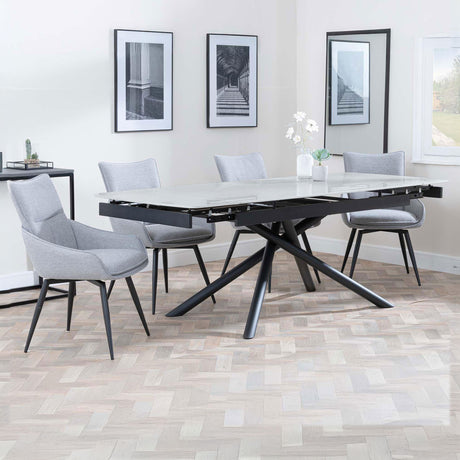Beverly Grey Ceramic Extending Dining Set - Torres Fabric Swivel Dining Chair
