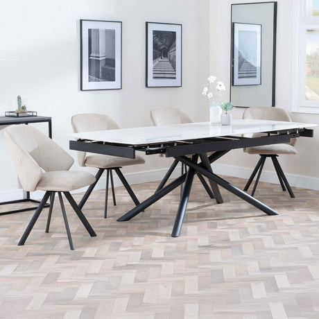 Beverly White Ceramic Extending Dining Set - Burano Velvet Fabric Swivel Dining Chair