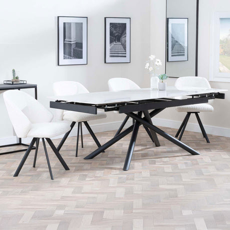 Beverly White Ceramic Extending Dining Set - Burano Velvet Fabric Swivel Dining Chair