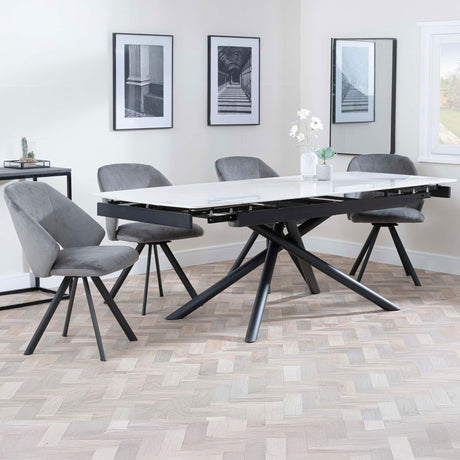 Beverly White Ceramic Extending Dining Set - Burano Velvet Fabric Swivel Dining Chair