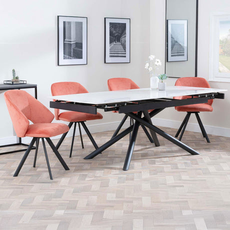 Beverly White Ceramic Extending Dining Set - Burano Velvet Fabric Swivel Dining Chair