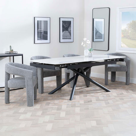 Beverly White Ceramic Extending Dining Set - Killen Boucle Fabric Dining Chair