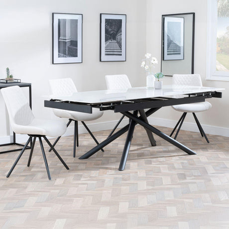 Beverly White Ceramic Extending Dining Set - Messina Fabric Swivel Dining Chair