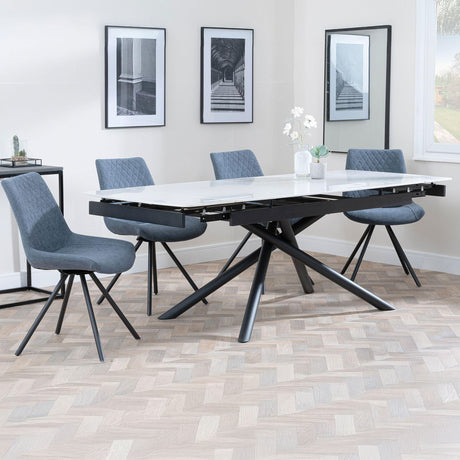 Beverly White Ceramic Extending Dining Set - Messina Fabric Swivel Dining Chair