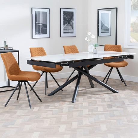 Beverly White Ceramic Extending Dining Set - Messina Fabric Swivel Dining Chair