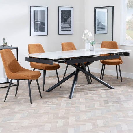 Beverly White Ceramic Extending Dining Set - Rovereto Fabric Dining Chair