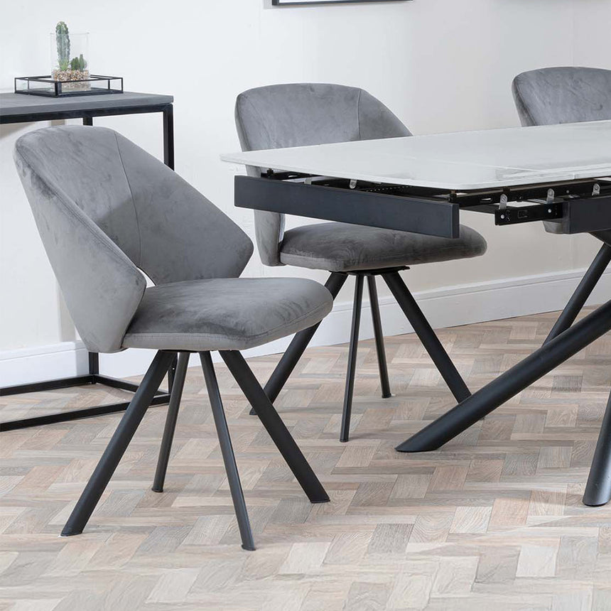 Beverly Grey Ceramic Extending Dining Set - Burano Velvet Fabric Swivel Dining Chair