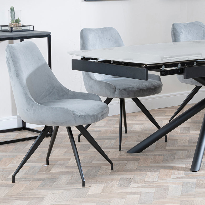 Beverly Grey Ceramic Extending Dining Set - Diana Velvet Fabric Swivel Dining Chair